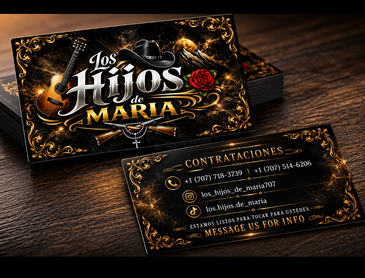 Los Hijos de Maria contact cards with phone and social media booking information